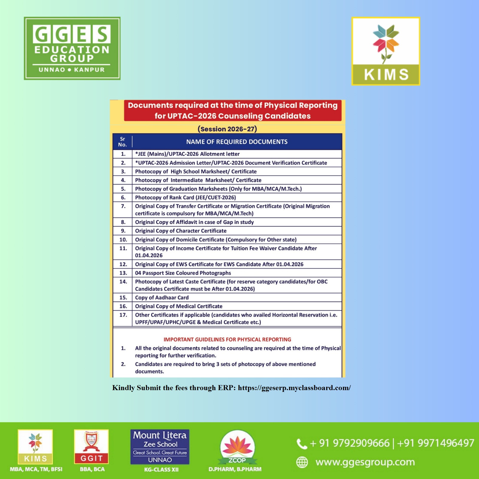 KIMS UPTAC-2026 counseling required documents — Session 2026-27